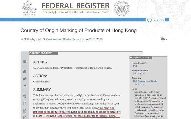 federal register regarding goods from hong kong are made in china